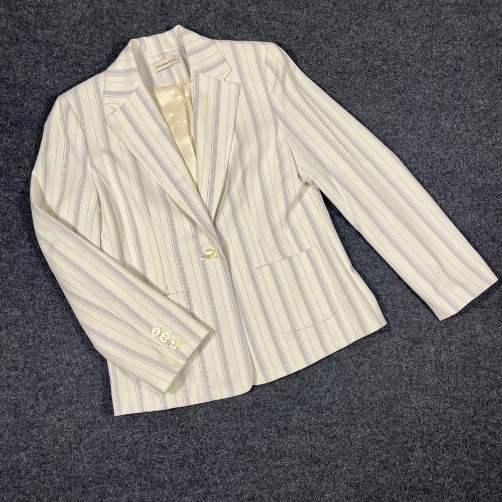 Amanda Smith Womens Pinstripe Blazer Ivory‎ Navy Single Button Stretch Jacket 6